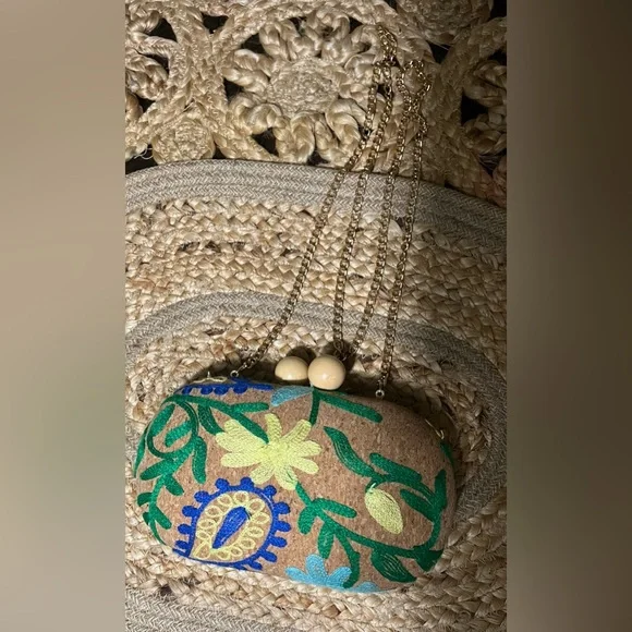 Embroidered Floral Cork Crossbody/Clutch Bag in Brown and Green - Picture 3 of 7